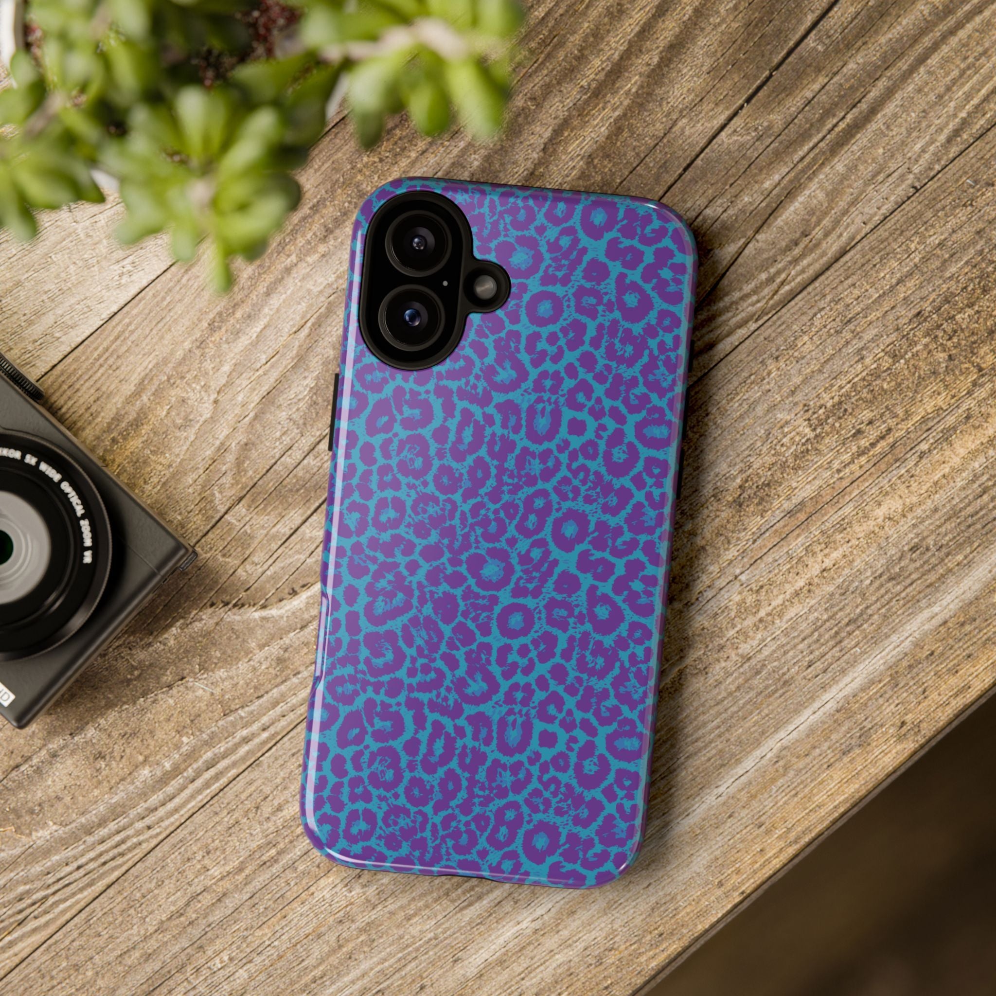 Leopard Printed Purple Blue Tough Phone Case for iPhone, Galaxy, or Google Pixel