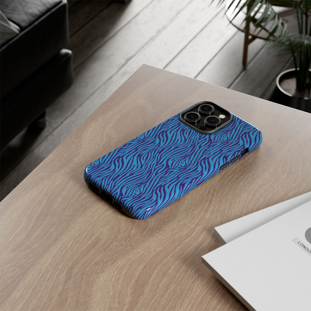 Zebra Print Blue and Purple Tough Case for iPhone, Galaxy or Google Pixel