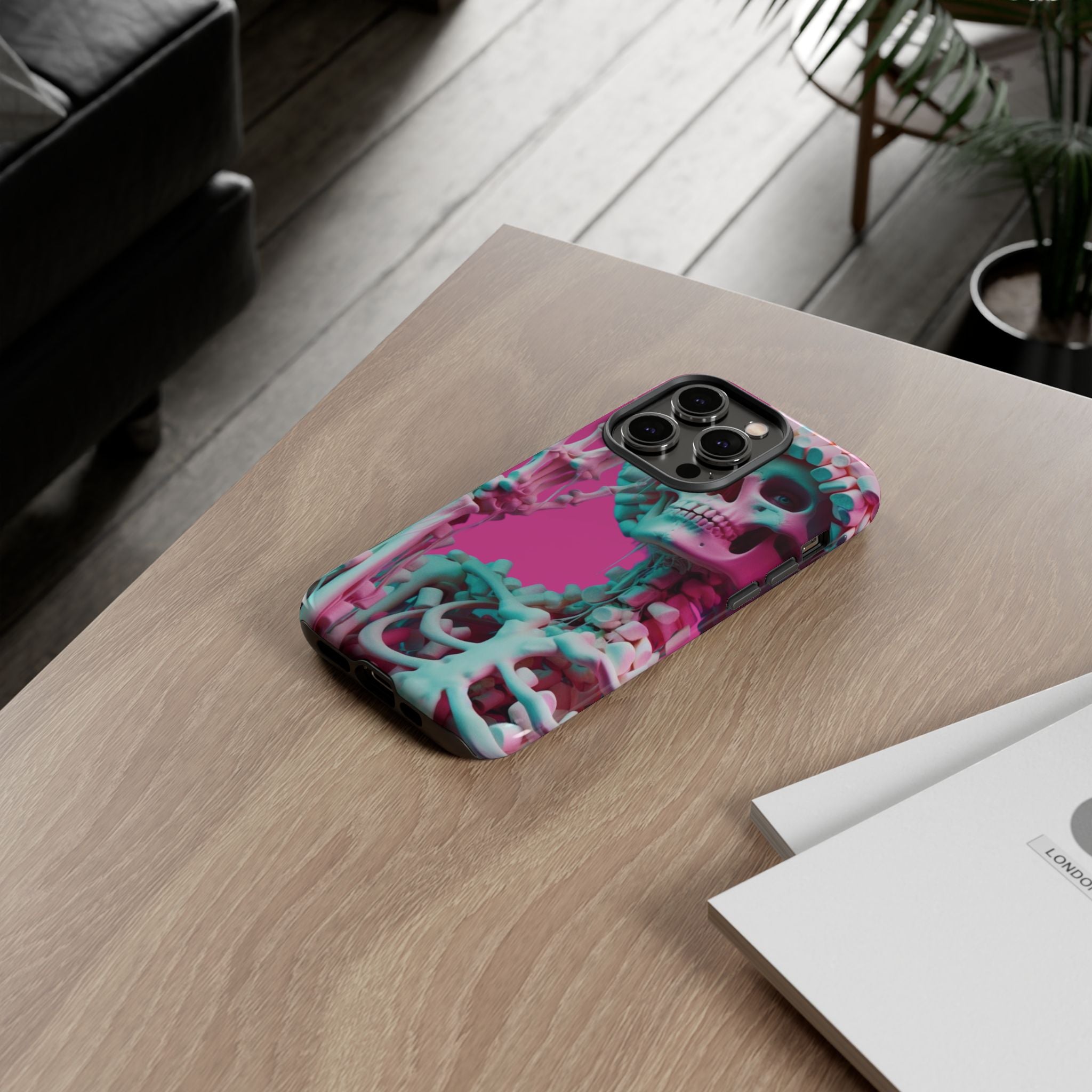 Neon Pink Skeleton Tough Phone Case for iPhone, Galaxy and Google Pixel