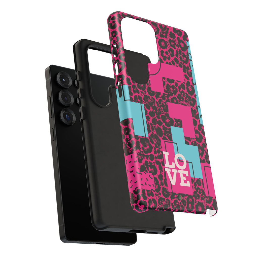 Pink Love Retro Blocks Leopard RG Tough Phone Case for iPhone, Galaxy, or Google Pixel