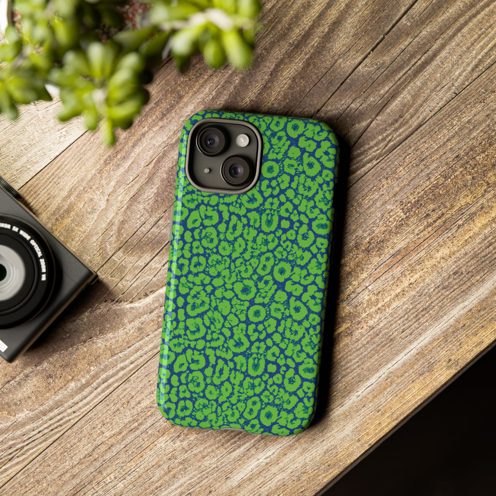 Blue Neon Green  Leopard Tough Phone Case for iPhone, Galaxy, or Google Pixel