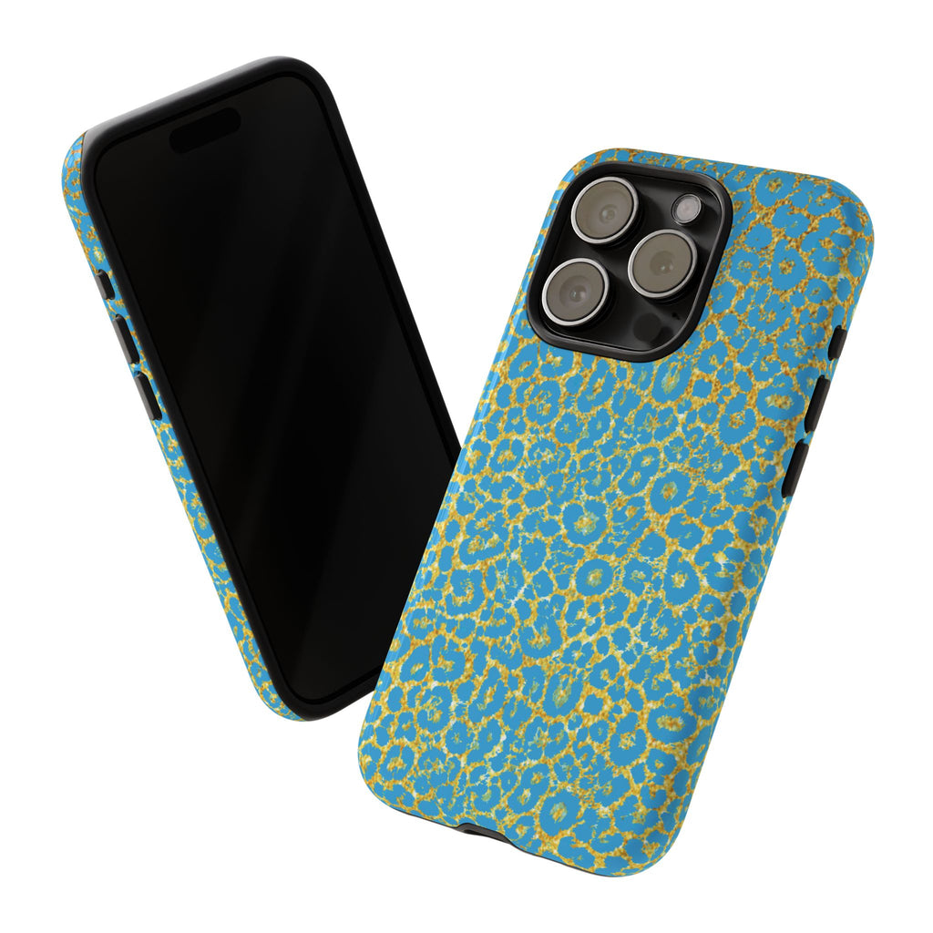 Blue Gold Leopard Tough Phone Case for iPhone, Galaxy, or Google Pixel