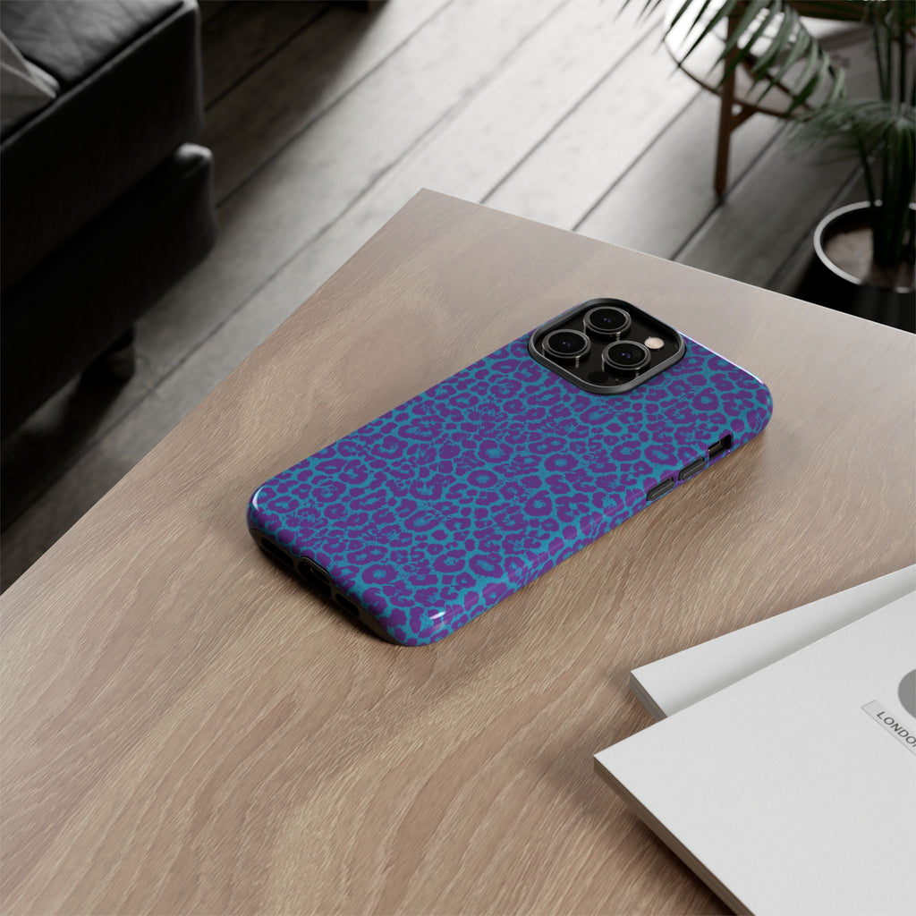 Leopard Printed Purple Blue Tough Phone Case for iPhone, Galaxy, or Google Pixel