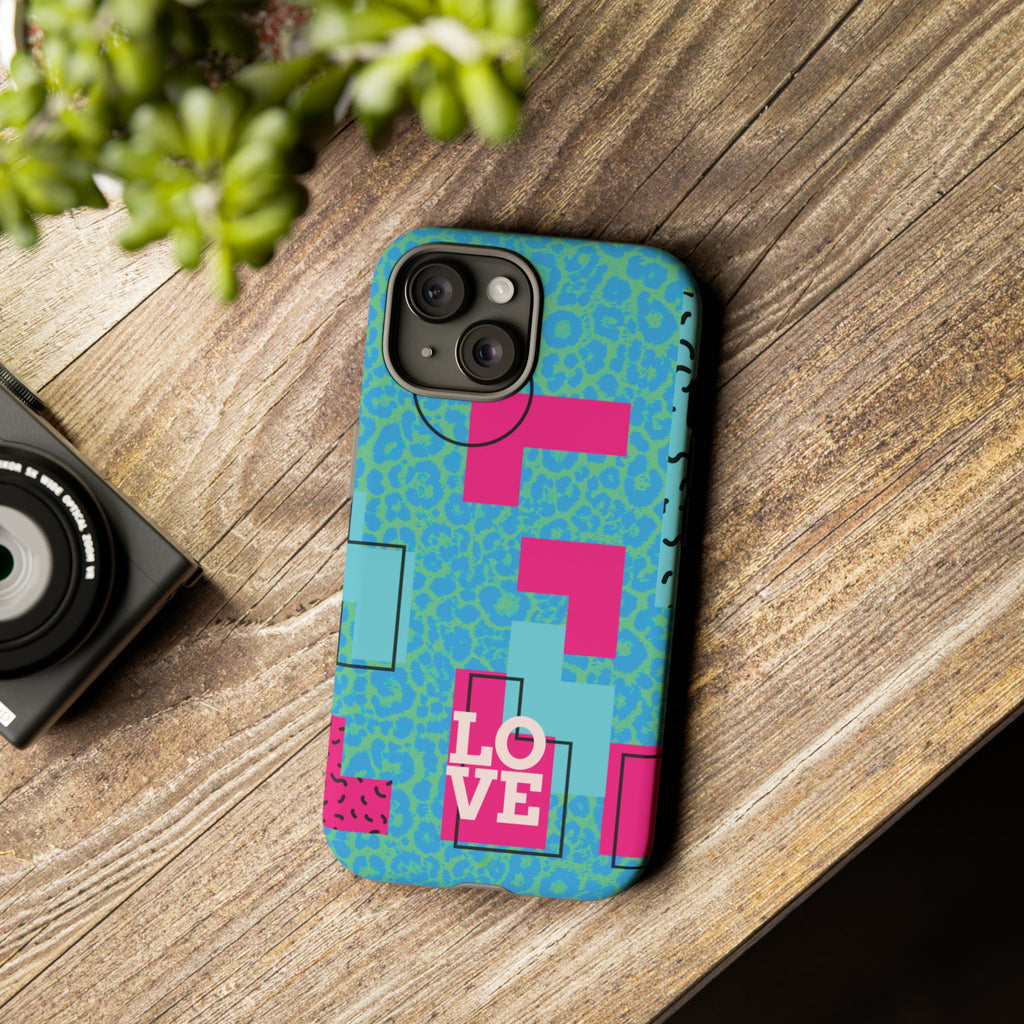 LOVE Aqua Blue Leopard RG Tough Phone Case iPhone, Galaxy, or Google Pixel