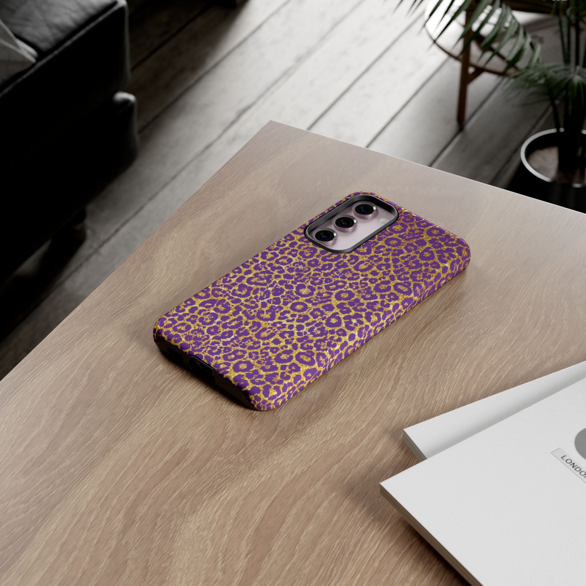 Purple Gold Leopard Tough Phone Case for iPhone, Galaxy, or Google Pixel