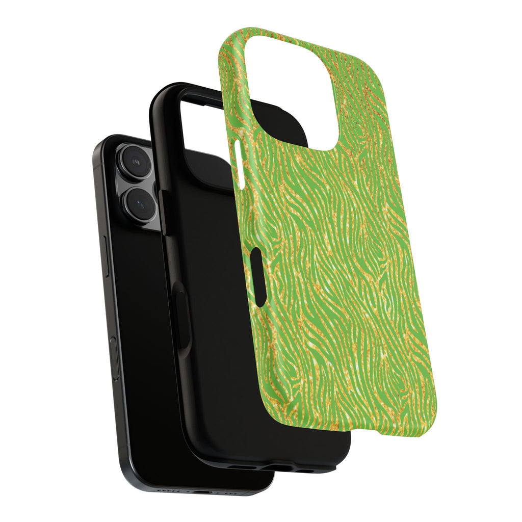 Neon Green Gold Zebra Tough Phone Case for iPhone, Galaxy, or Google Pixel