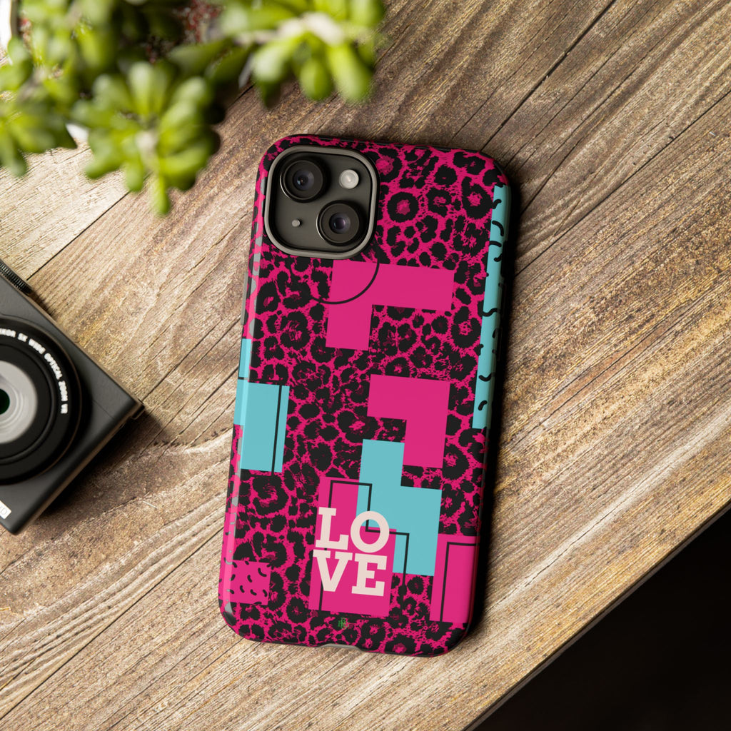 Pink Love Retro Blocks Leopard RG Tough Phone Case for iPhone, Galaxy, or Google Pixel