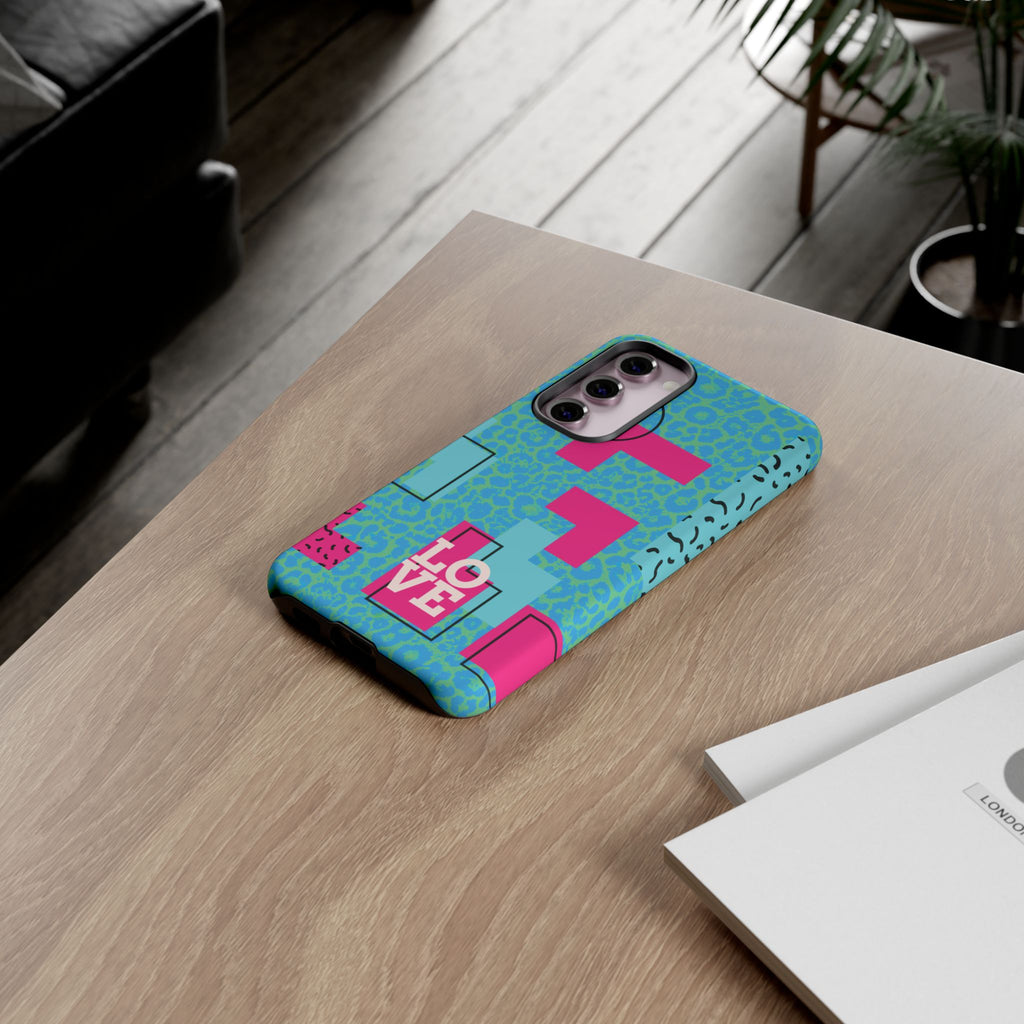 LOVE Aqua Blue Leopard RG Tough Phone Case iPhone, Galaxy, or Google Pixel
