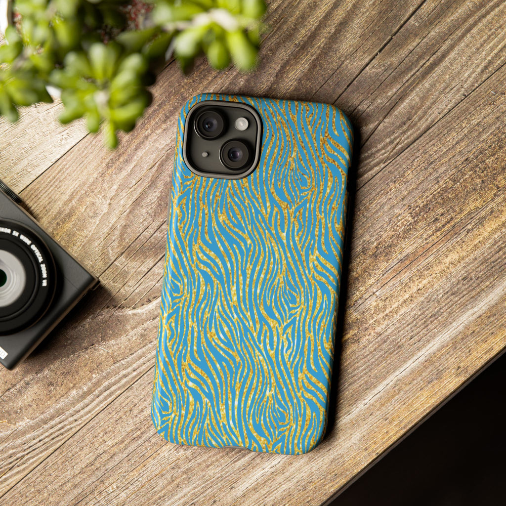 Blue Gold Zebra Tough Case for iPhone, Galaxy, or Google Pixel