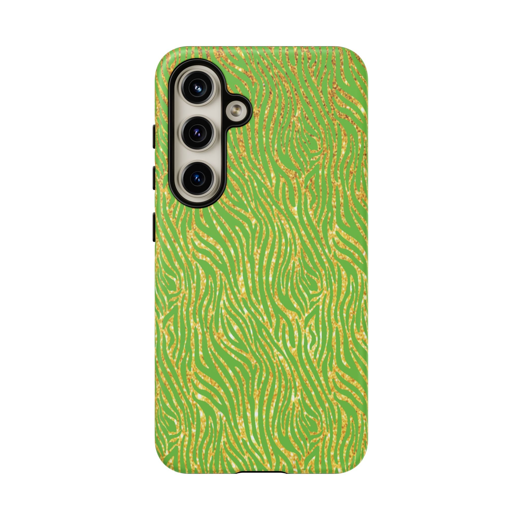 Neon Green Gold Zebra Tough Phone Case for iPhone, Galaxy, or Google Pixel