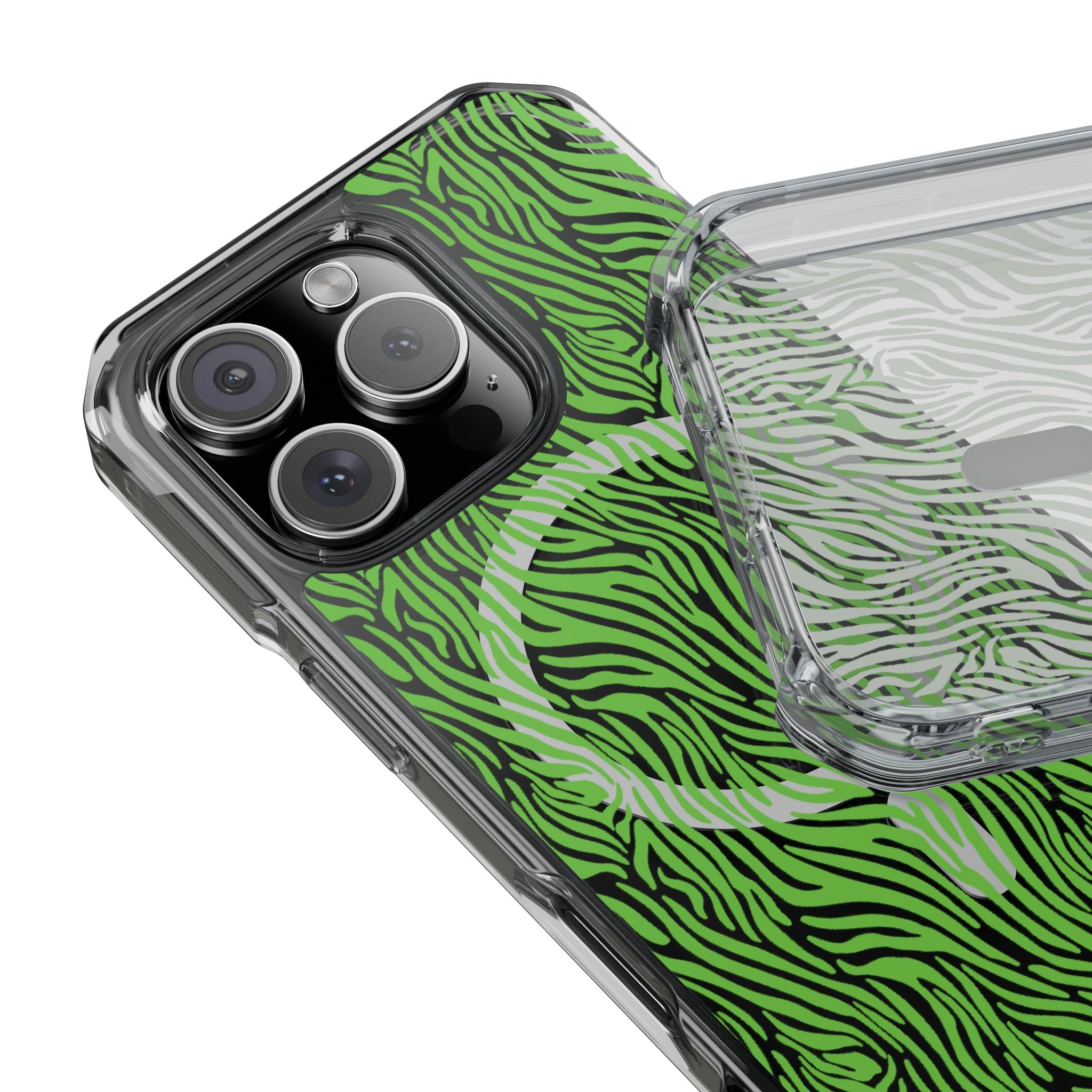 Neon Green Zebra Magnetic iPhone 14, 15, 16 Series Clear Impact Cases