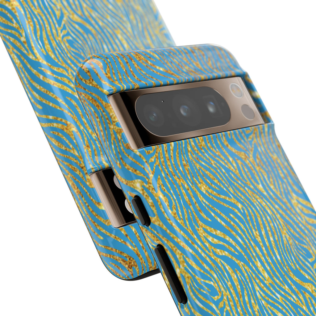 Blue Gold Zebra Tough Case for iPhone, Galaxy, or Google Pixel