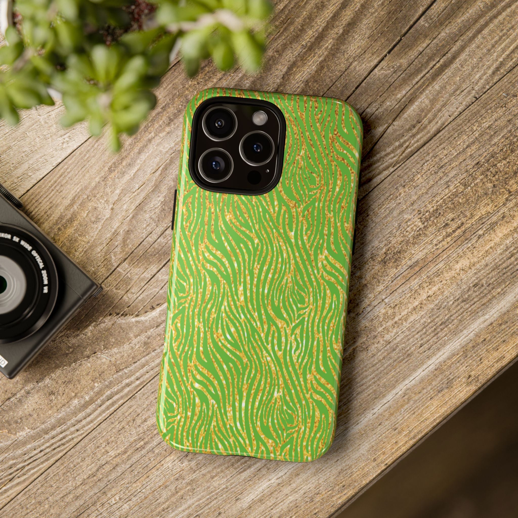 Neon Green Gold Zebra Tough Phone Case for iPhone, Galaxy, or Google Pixel