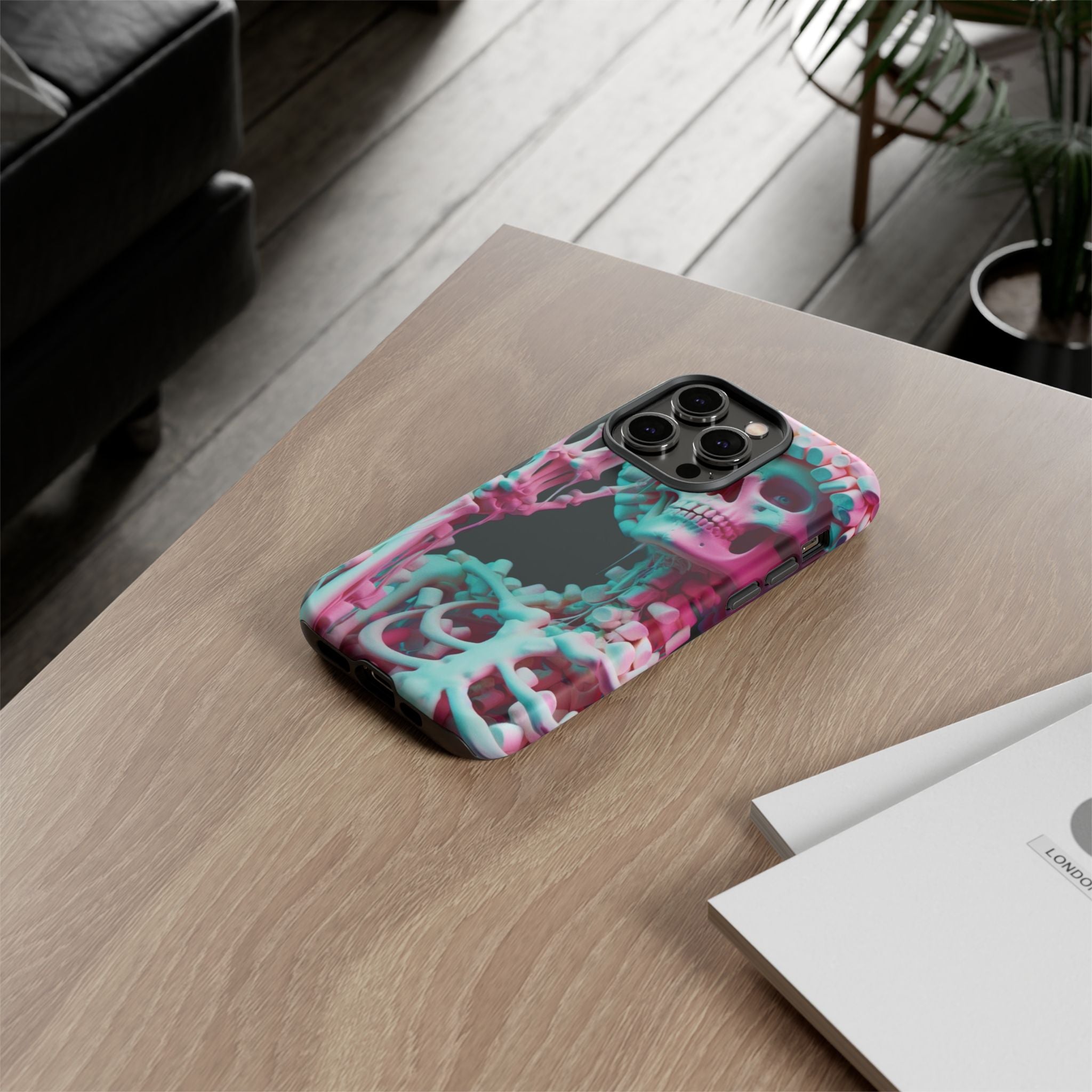 Neon Pink Skeleton (Black) Tough Phone Case for iPhone, Galaxy, or Google Pixel