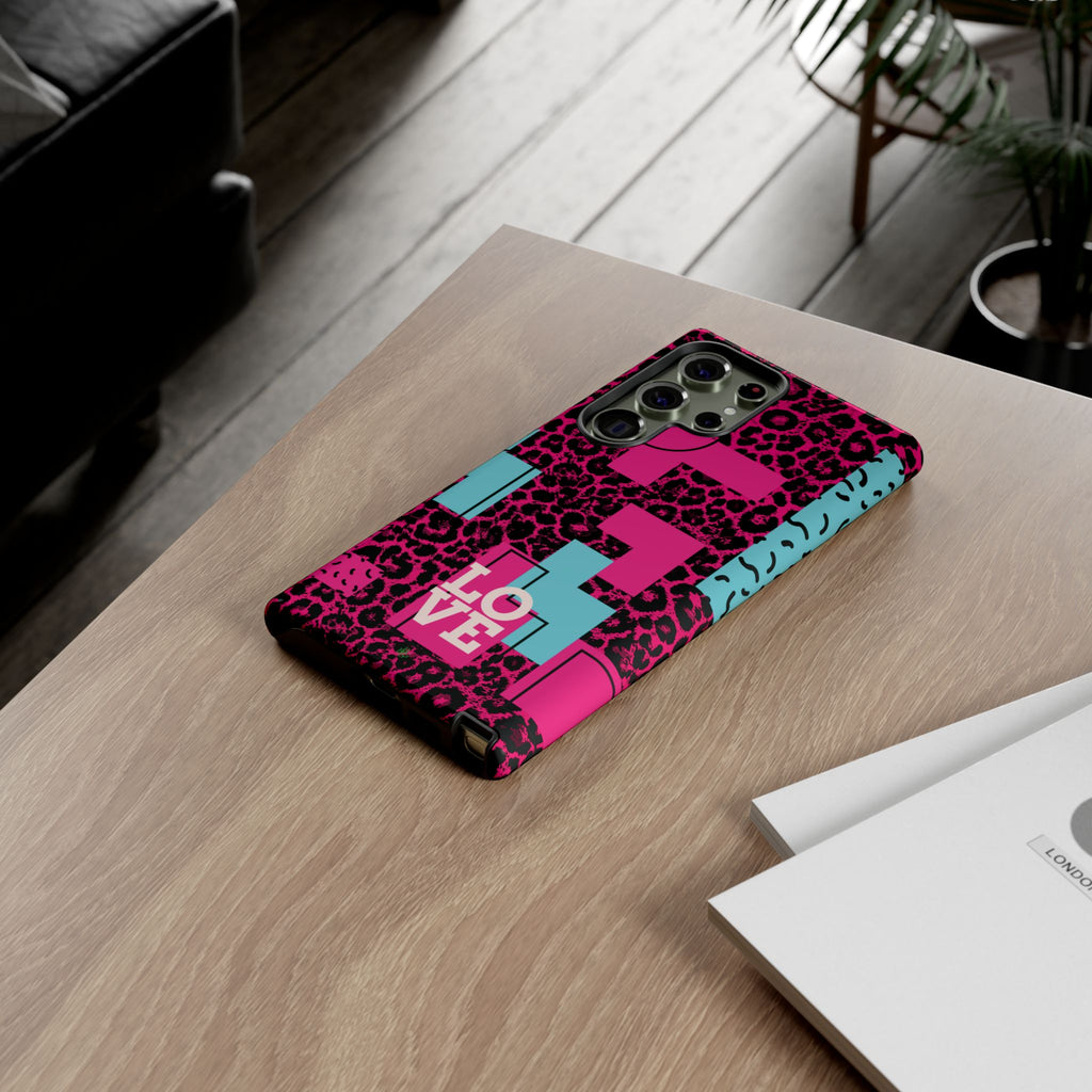 Pink Love Retro Blocks Leopard RG Tough Phone Case for iPhone, Galaxy, or Google Pixel