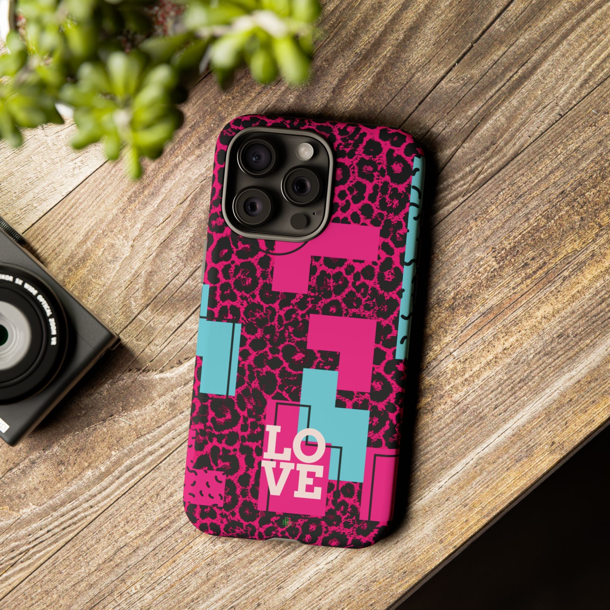 Pink Love Retro Blocks Leopard RG Tough Phone Case for iPhone, Galaxy, or Google Pixel