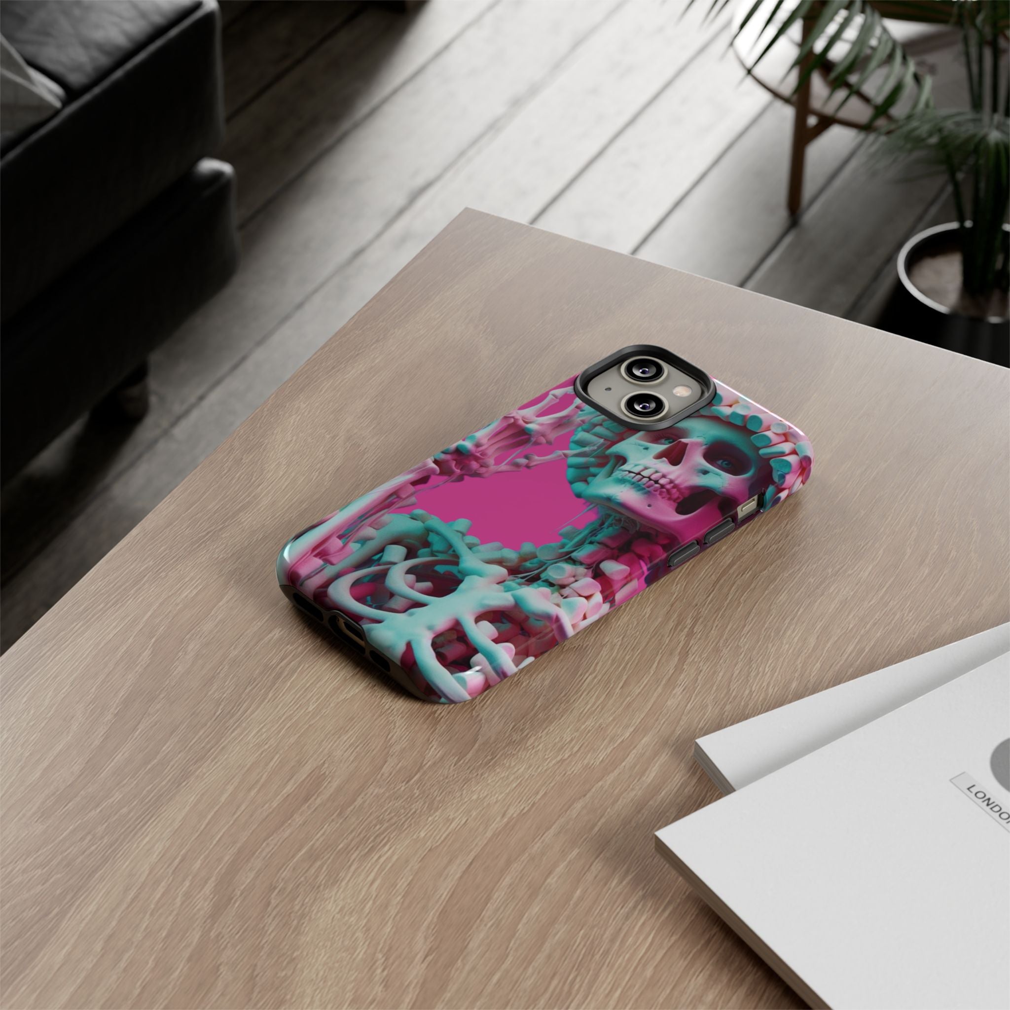 Neon Pink Skeleton Tough Phone Case for iPhone, Galaxy and Google Pixel