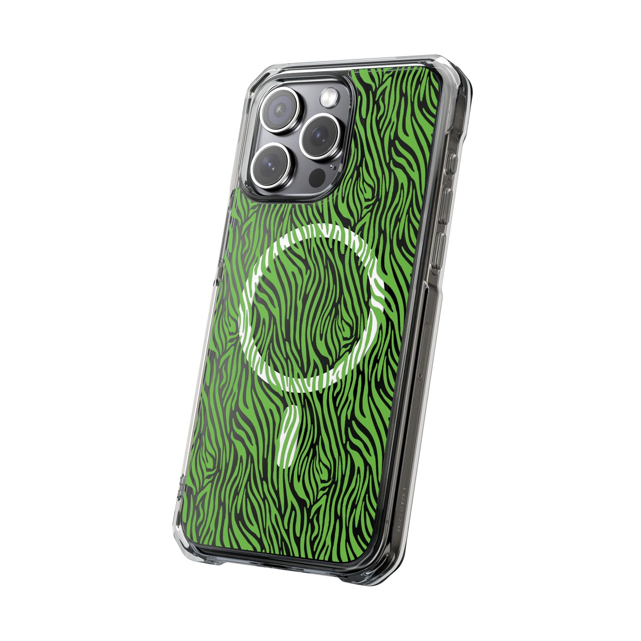 Neon Green Zebra Magnetic iPhone 14, 15, 16 Series Clear Impact Cases