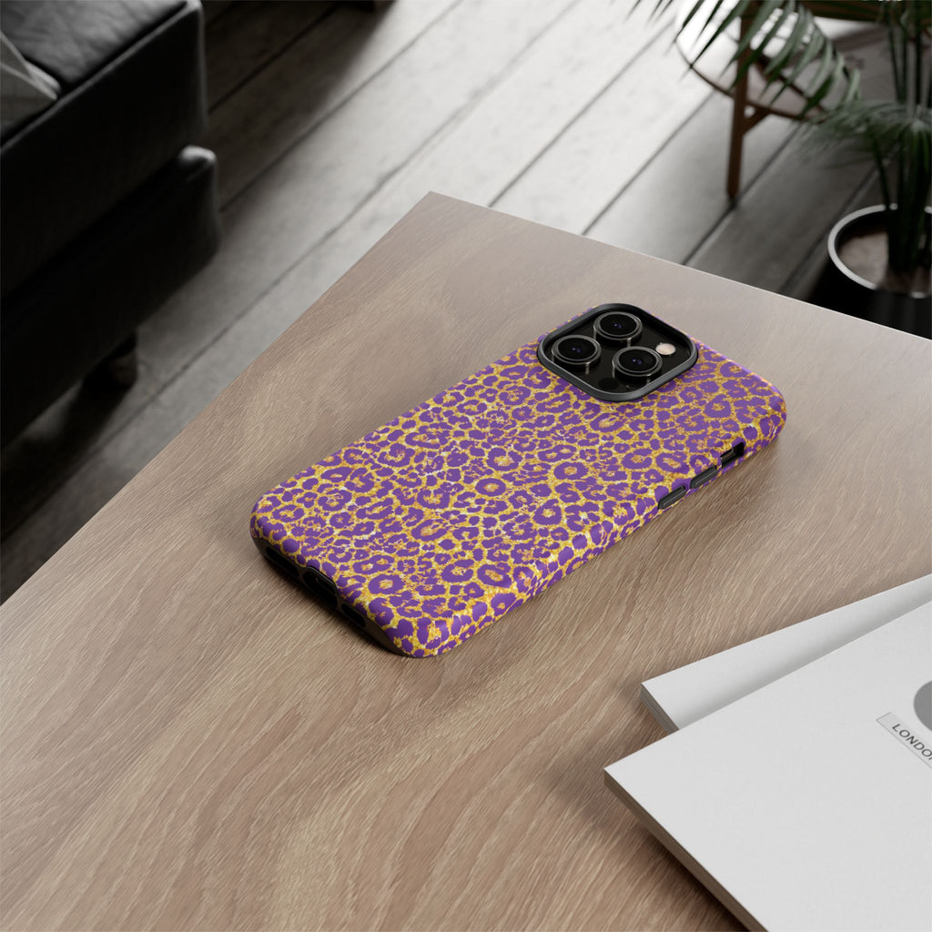 Purple Gold Leopard Tough Phone Case for iPhone, Galaxy, or Google Pixel