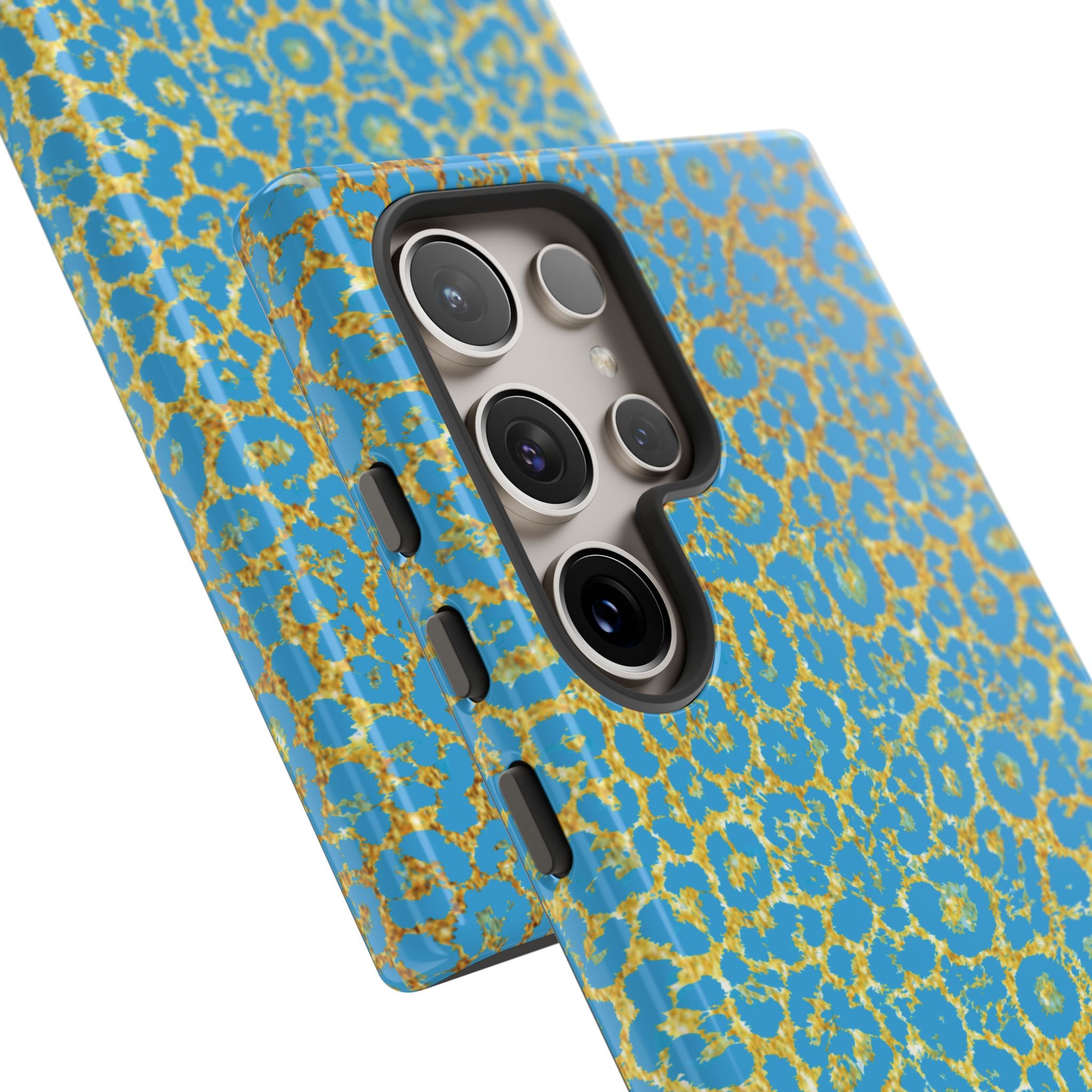 Blue Gold Leopard Tough Phone Case for iPhone, Galaxy, or Google Pixel