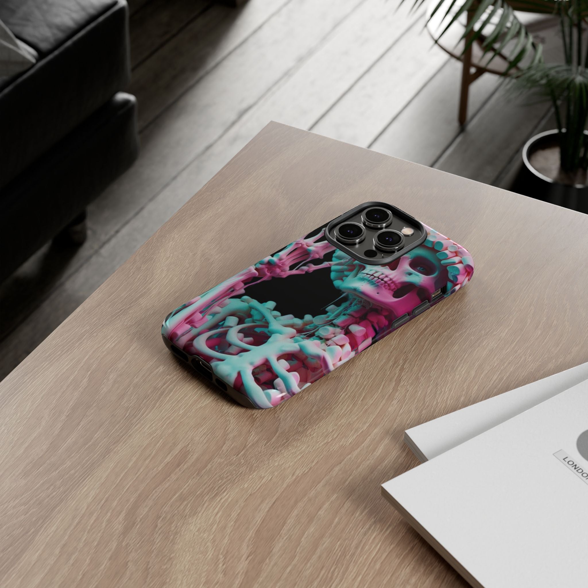 Neon Pink Skeleton (Black) Tough Phone Case for iPhone, Galaxy, or Google Pixel