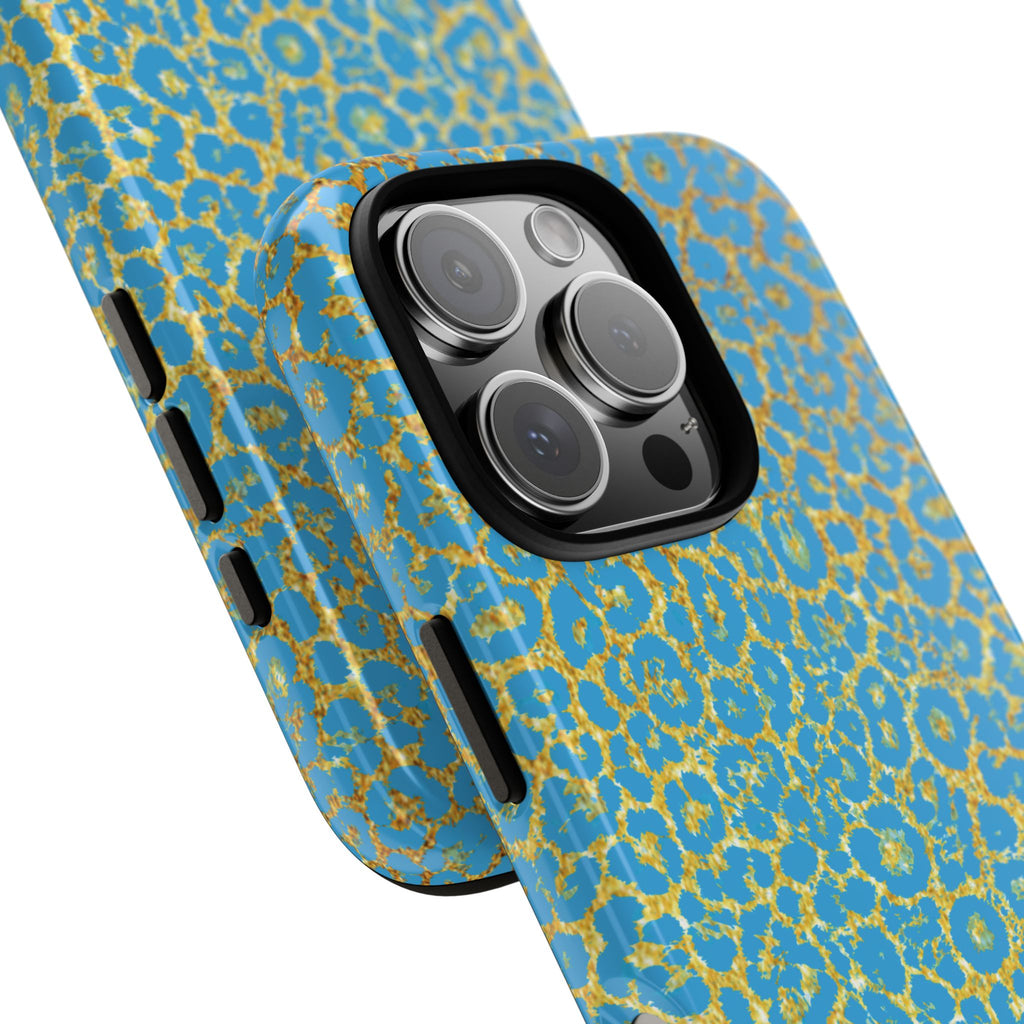 Blue Gold Leopard Tough Phone Case for iPhone, Galaxy, or Google Pixel