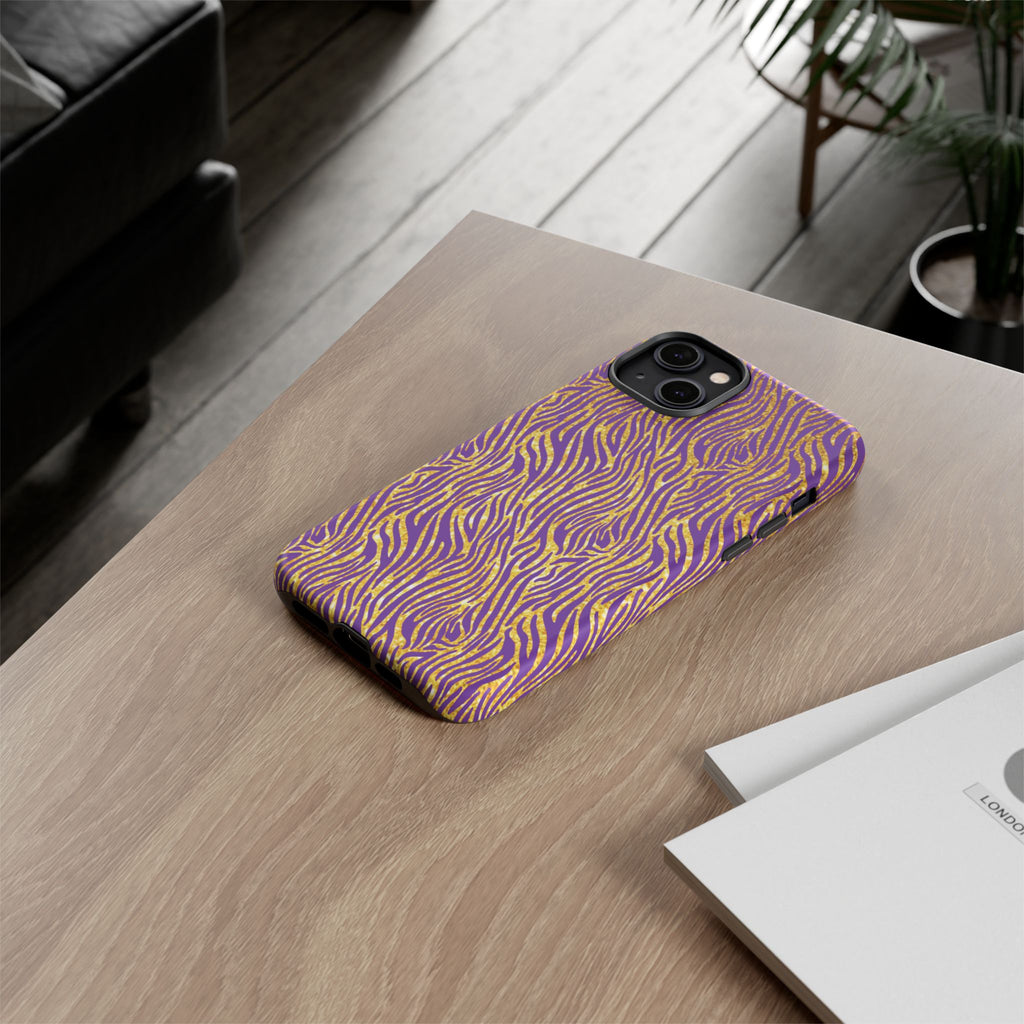 Vibrant Purple Gold Zebra Tough Phone Case iPhone, Galaxy, or Google Pixel