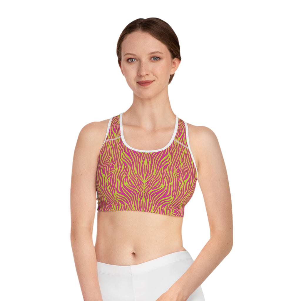Neon Pink Lime Zebra Print Sports Bra