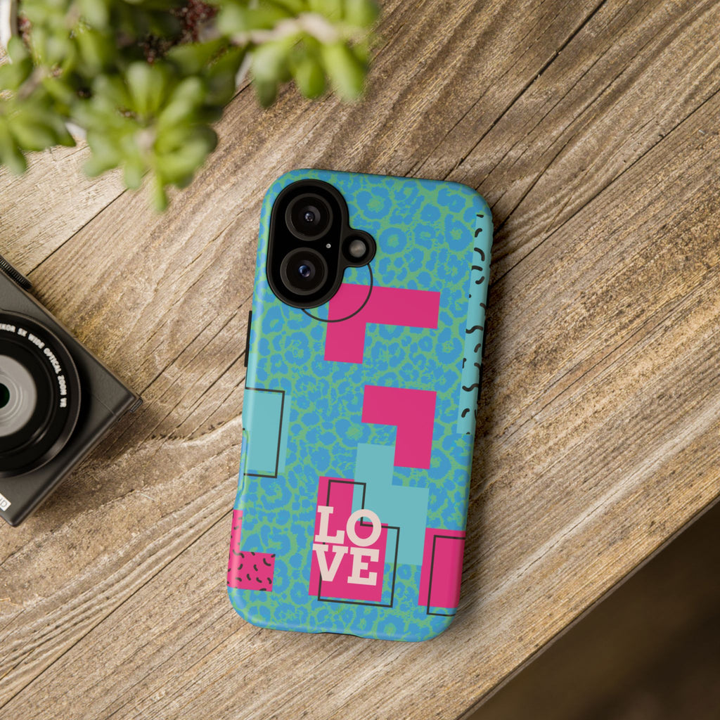 LOVE Aqua Blue Leopard RG Tough Phone Case iPhone, Galaxy, or Google Pixel