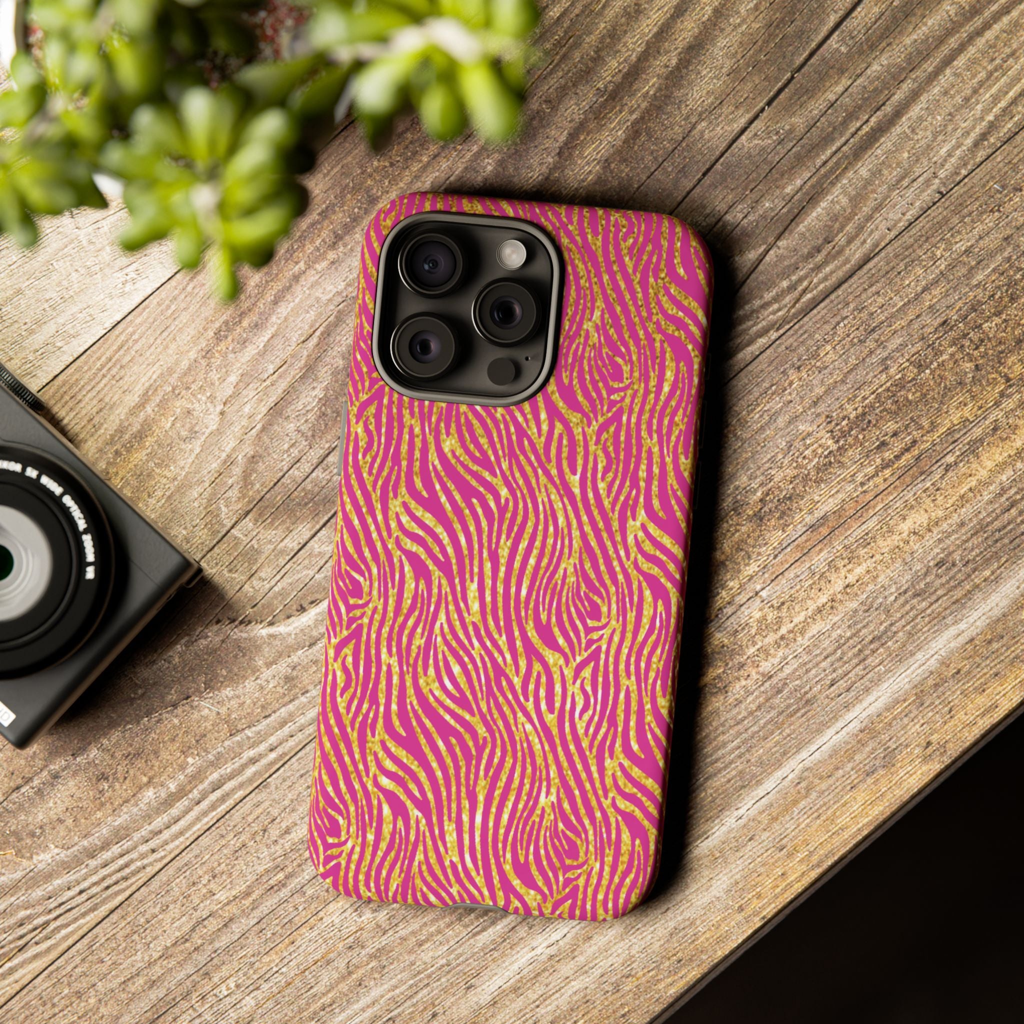 Pink Gold Zebra Print Tough Case for iPhone, Galaxy, or Google Pixel