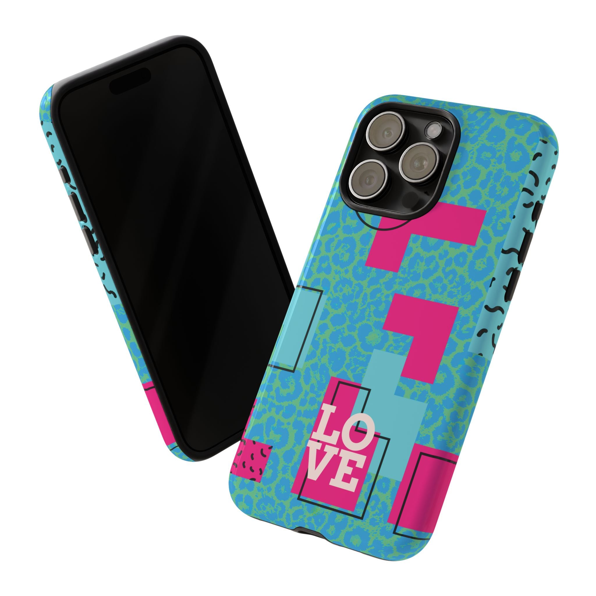 LOVE Aqua Blue Leopard RG Tough Phone Case iPhone, Galaxy, or Google Pixel