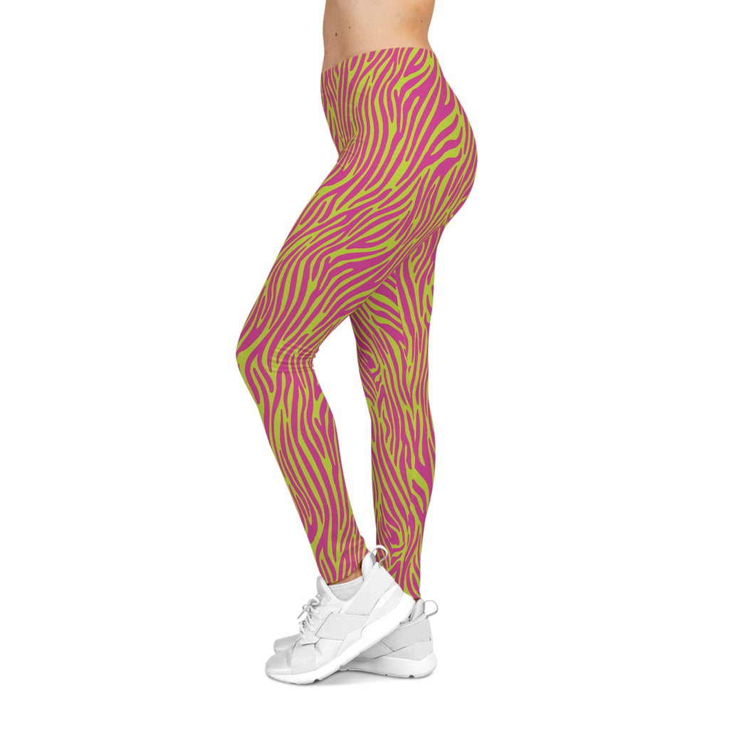 Neon Pink Lime Zebra Print Women's Casual Leggings