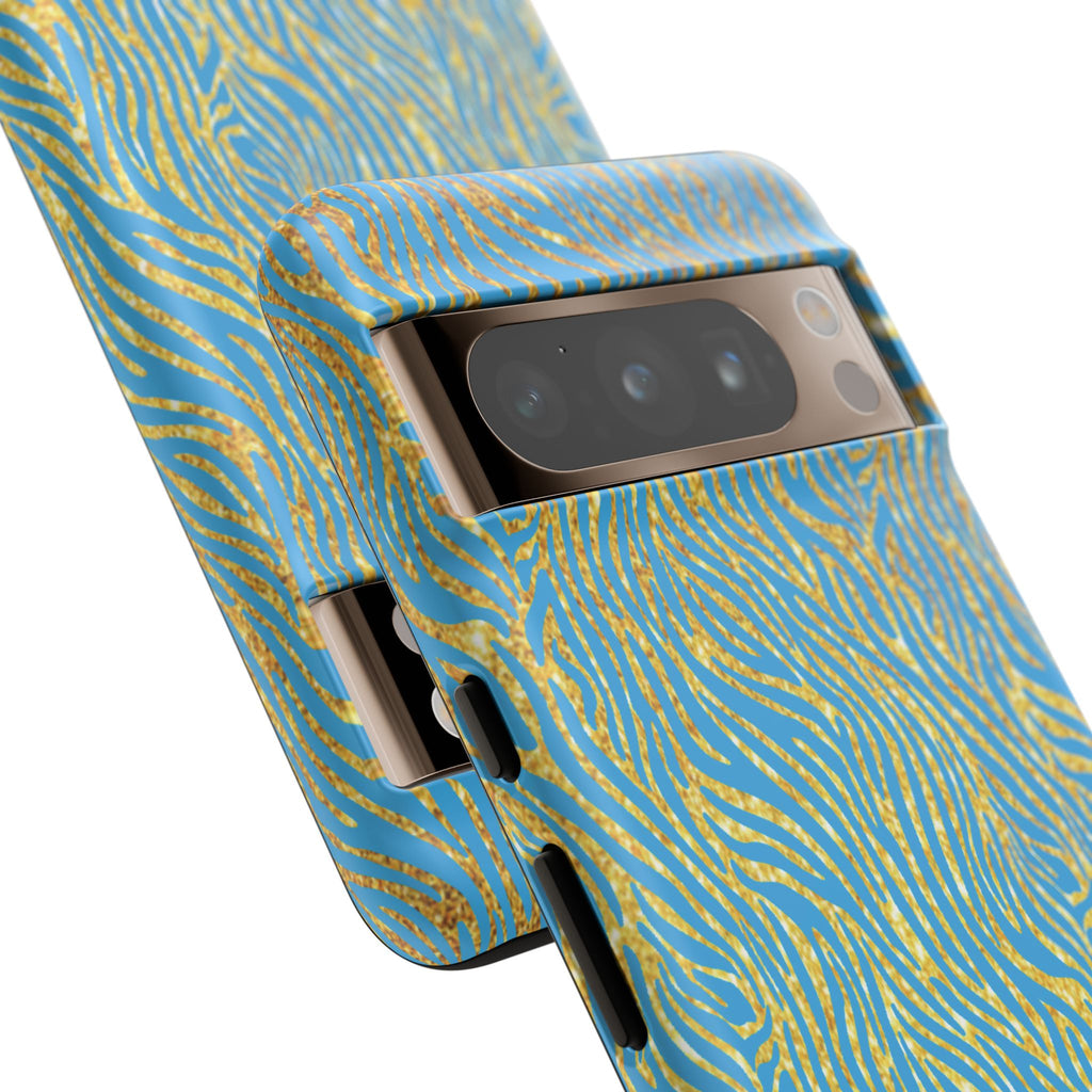 Blue Gold Zebra Tough Case for iPhone, Galaxy, or Google Pixel