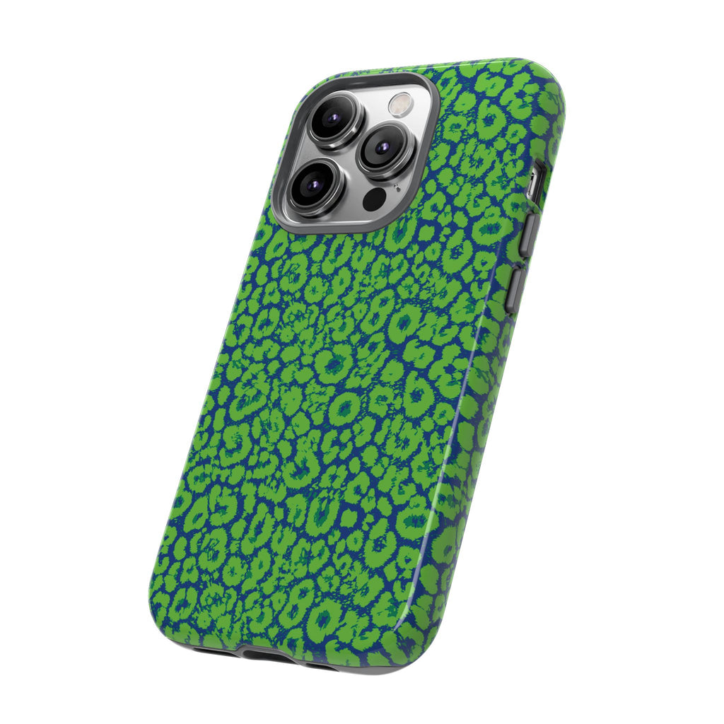 Blue Neon Green  Leopard Tough Phone Case for iPhone, Galaxy, or Google Pixel