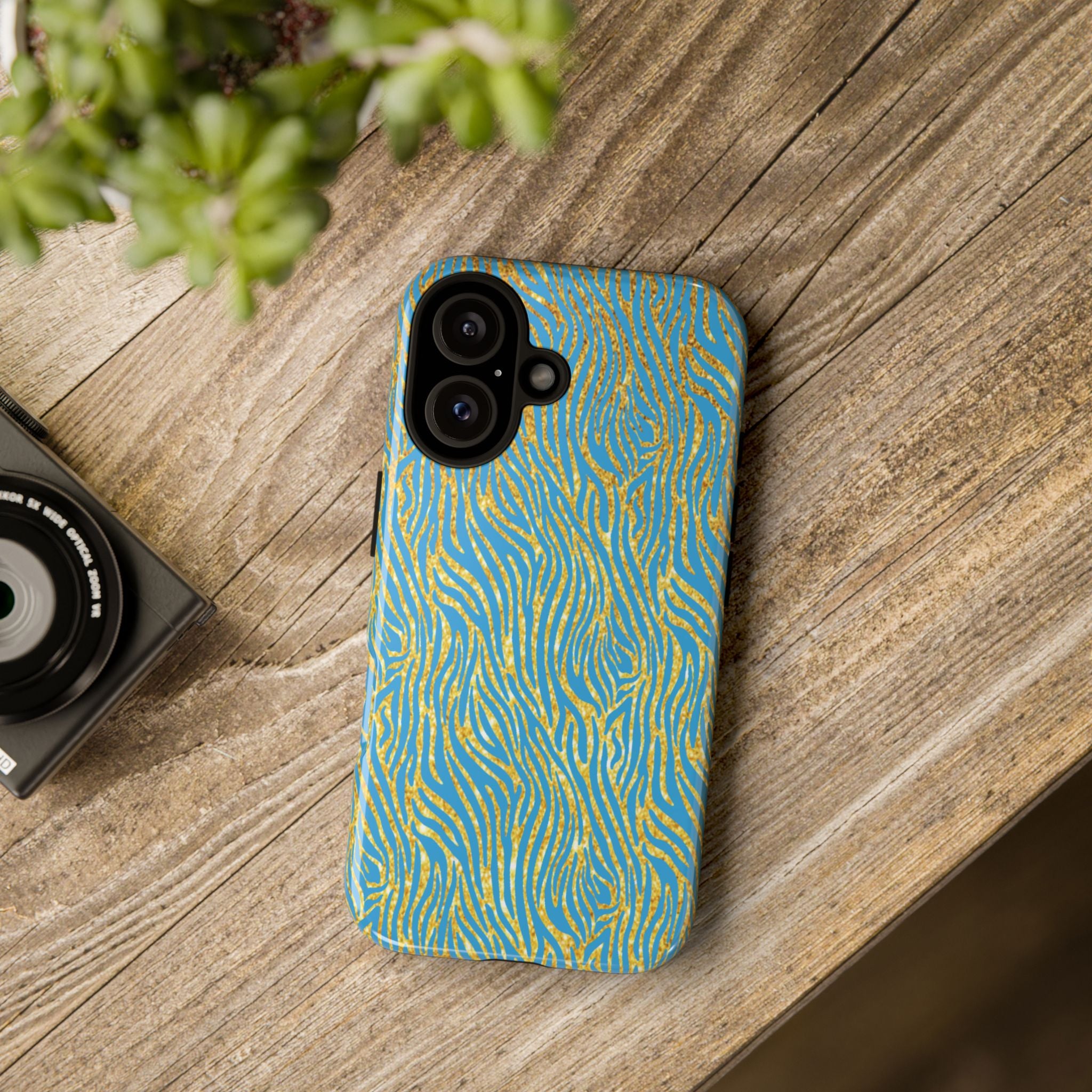 Blue Gold Zebra Tough Case for iPhone, Galaxy, or Google Pixel