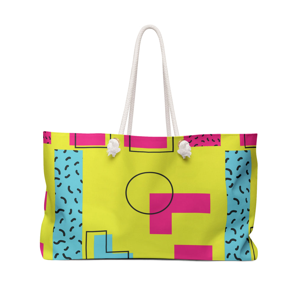 Retro Blocks Neon Yellow Eco-Friendly Weekender Bag, Travel Tote, Beach Bag