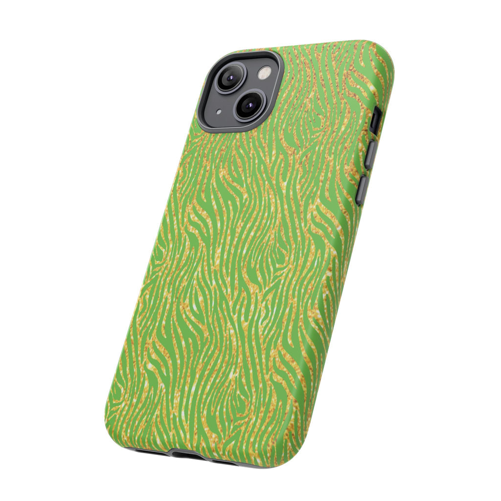 Neon Green Gold Zebra Tough Phone Case for iPhone, Galaxy, or Google Pixel