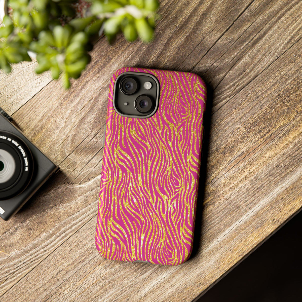 Pink Gold Zebra Print Tough Case for iPhone, Galaxy, or Google Pixel