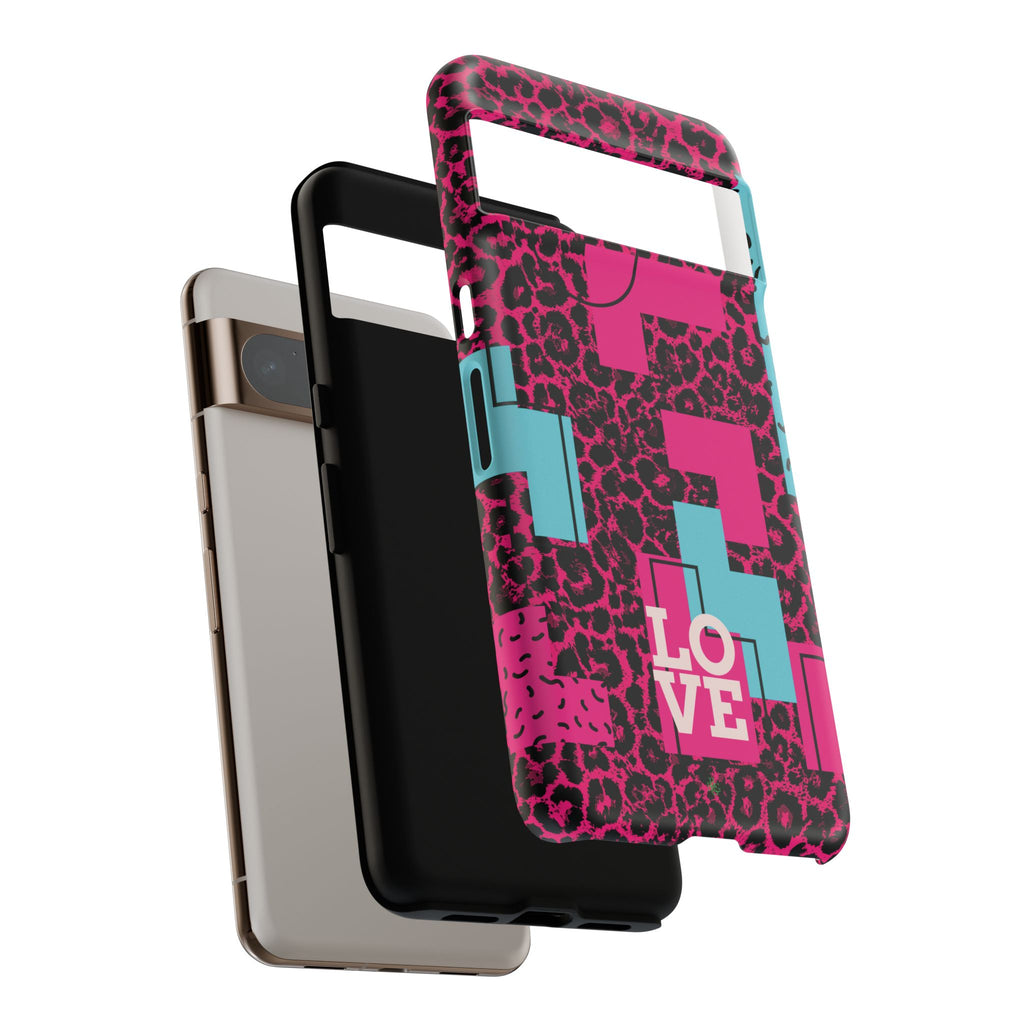 Pink Love Retro Blocks Leopard RG Tough Phone Case for iPhone, Galaxy, or Google Pixel