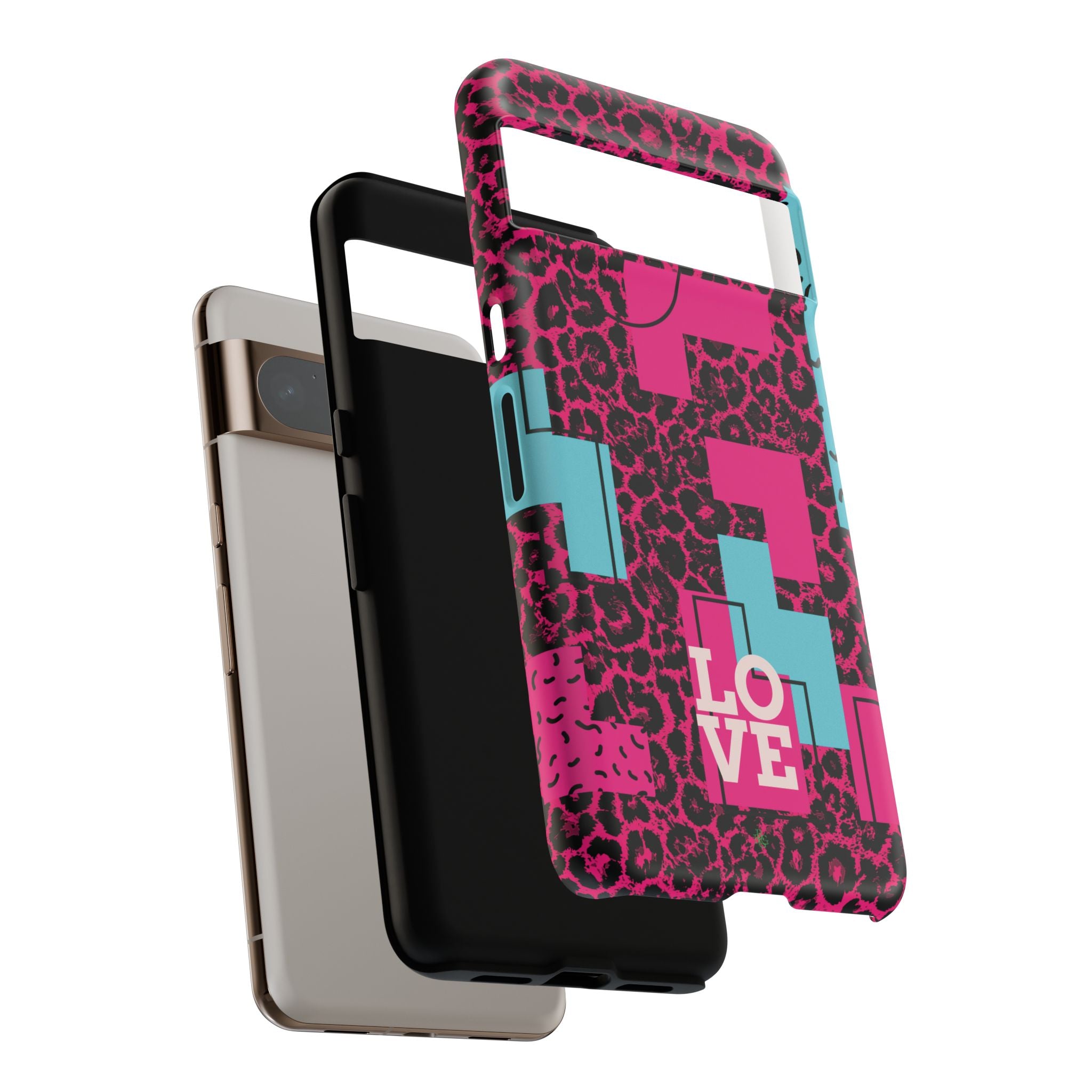 Pink Love Retro Blocks Leopard RG Tough Phone Case for iPhone, Galaxy, or Google Pixel