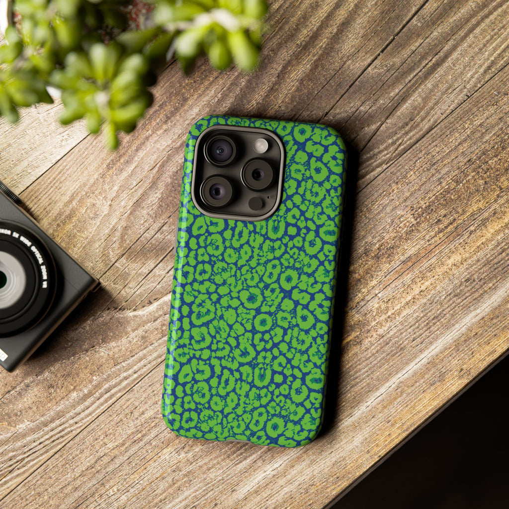 Blue Neon Green  Leopard Tough Phone Case for iPhone, Galaxy, or Google Pixel