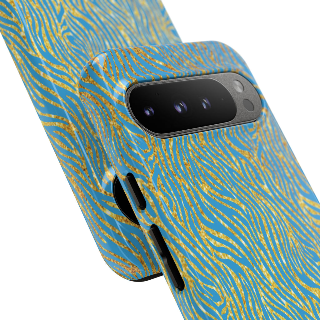 Blue Gold Zebra Tough Case for iPhone, Galaxy, or Google Pixel