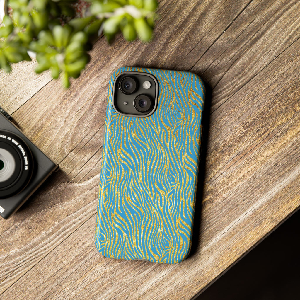 Blue Gold Zebra Tough Case for iPhone, Galaxy, or Google Pixel