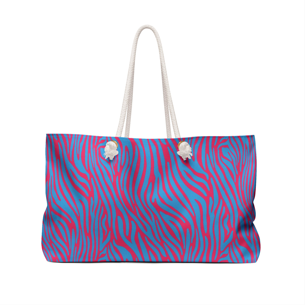Blue Pink Zebra Eco Friendly Weekender Bag, Travel Tote, Beach Bag
