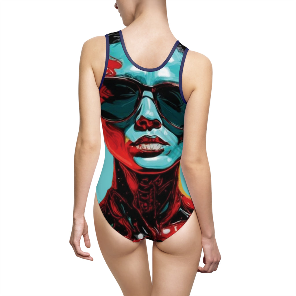 Bold Pop-Art Sunglasses Portrait Swimsuit — Women's One-Piece