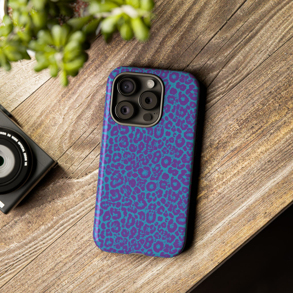 Leopard Printed Purple Blue Tough Phone Case for iPhone, Galaxy, or Google Pixel