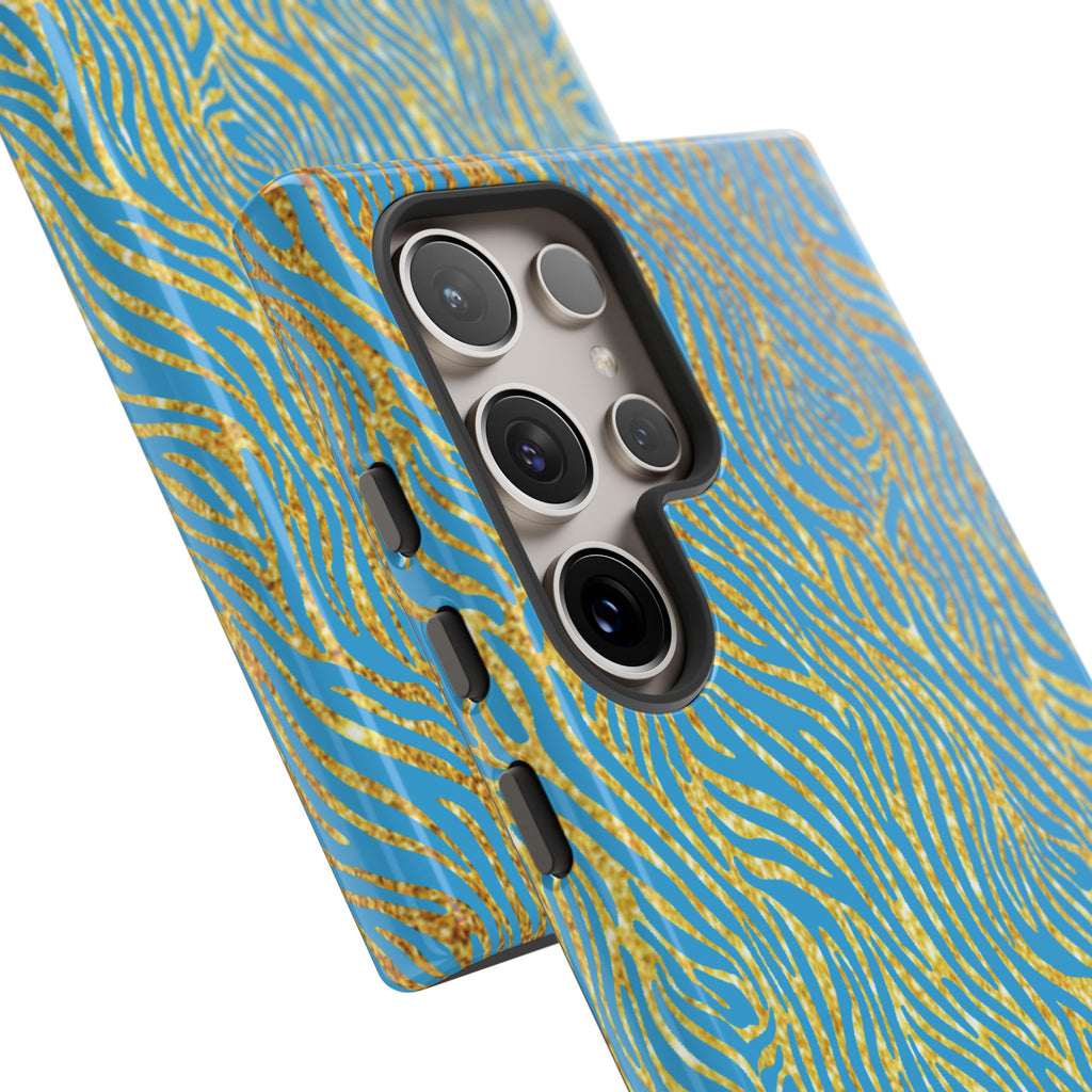 Blue Gold Zebra Tough Case for iPhone, Galaxy, or Google Pixel