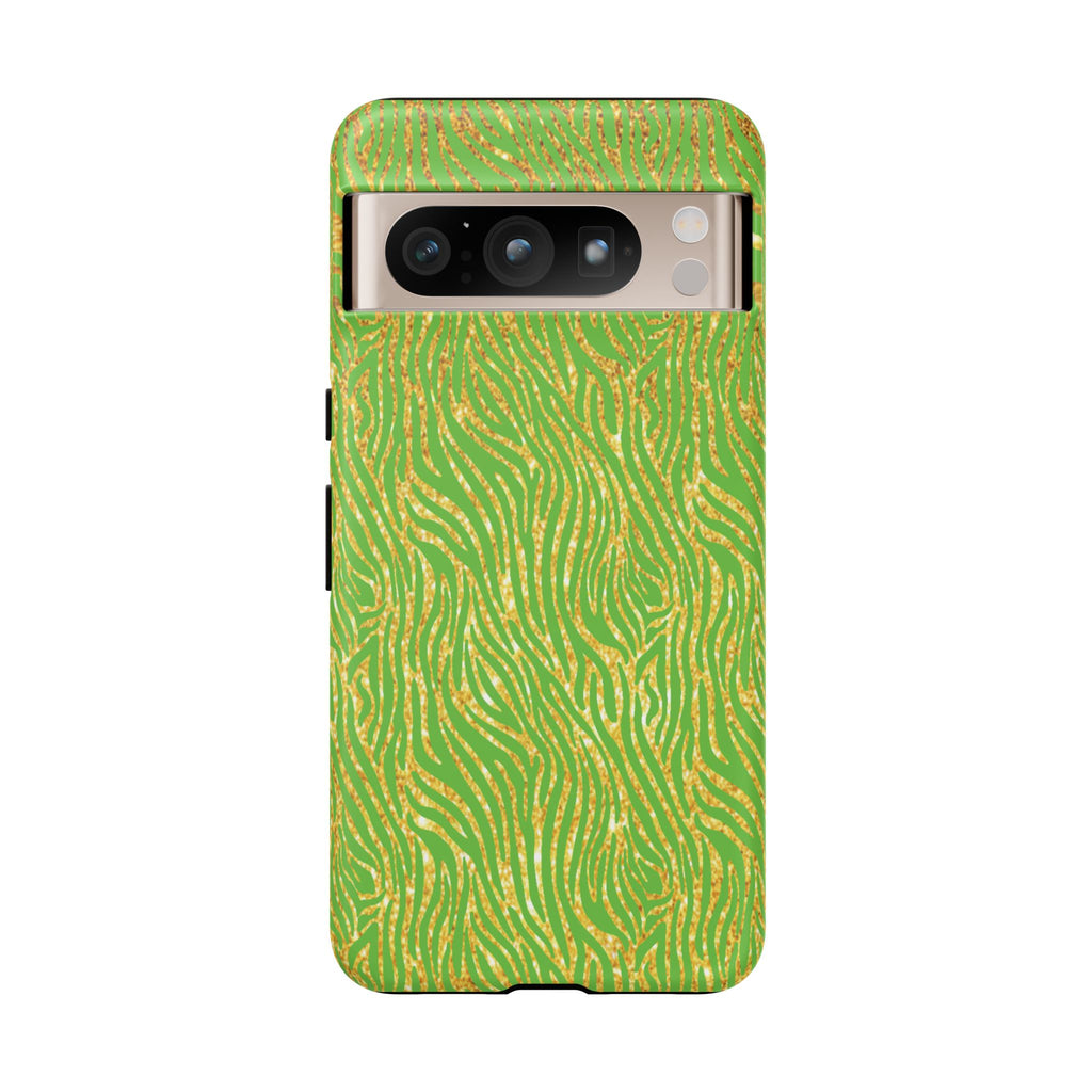 Neon Green Gold Zebra Tough Phone Case for iPhone, Galaxy, or Google Pixel