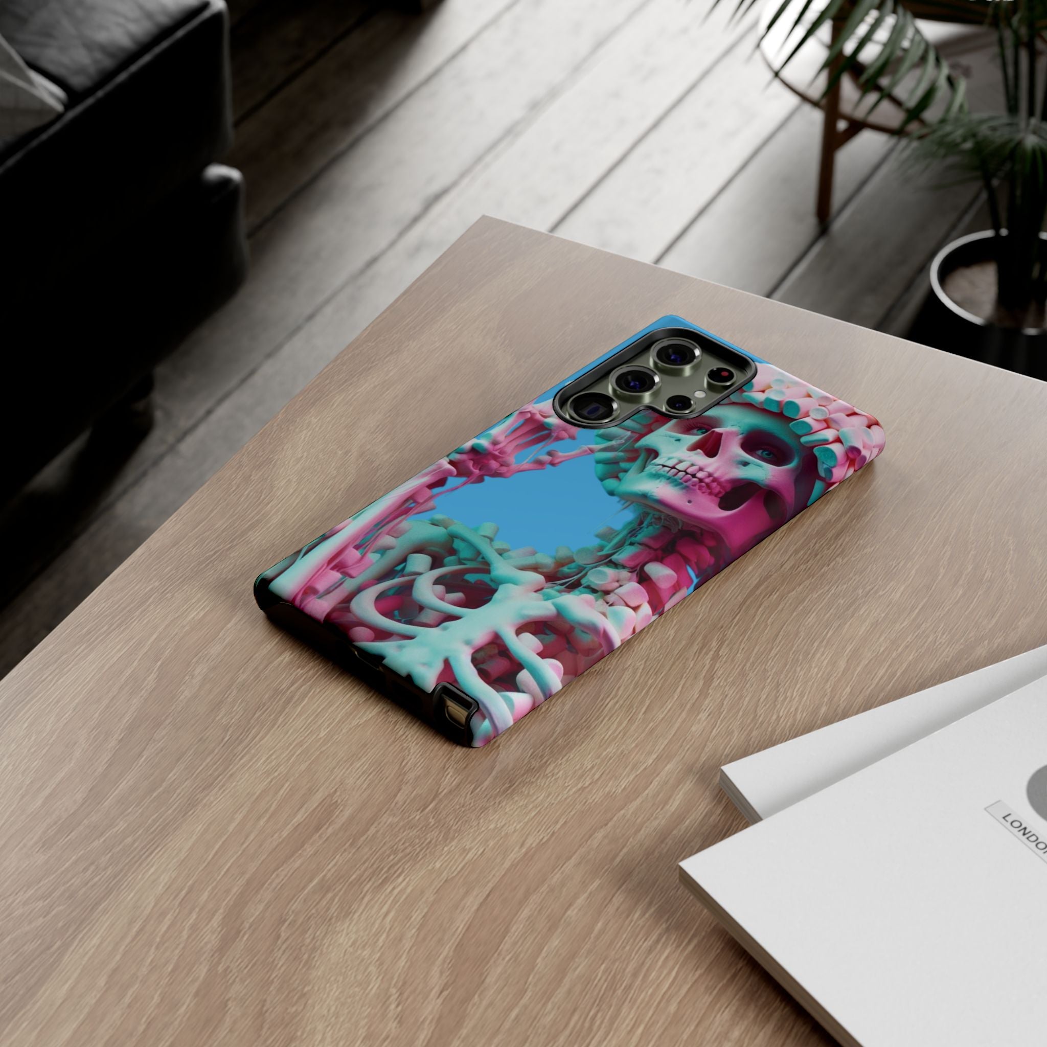 Neon Pink Skeleton Blue Tough Phone Case for iPhone, Galaxy or Google Pixel