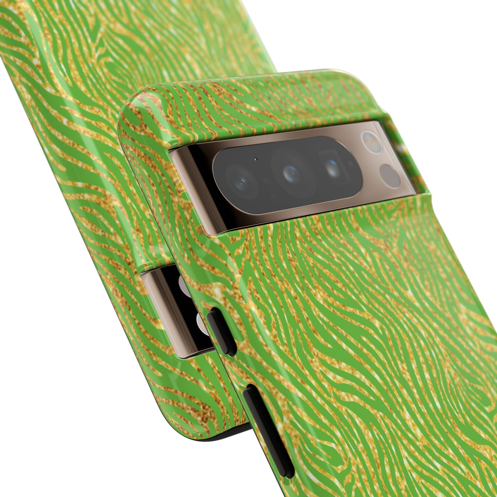 Neon Green Gold Zebra Tough Phone Case for iPhone, Galaxy, or Google Pixel
